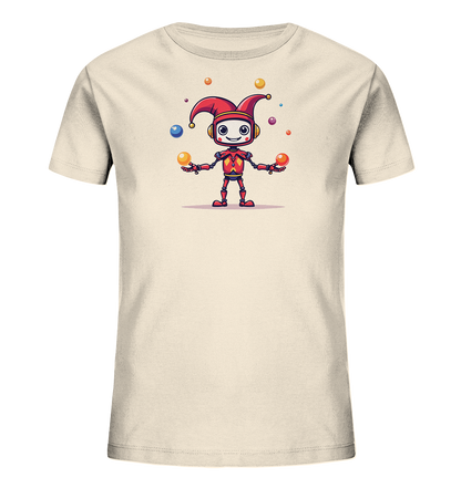 Onlineshop Shirts für Kinder - Das Bild zeigt ein cremefarbenes T-Shirt für Kinder. Auf der Vorderseite ist eine farbenfrohe Illustration eines Roboters in einem roten Narrenkostüm abgebildet. Der Roboter hat ein freundliches Gesicht und jongliert mit mehreren bunten Kugeln in verschiedenen Größen. Das Design wirkt fröhlich und verspielt und ist ideal für Kinderkleidung geeignet.
