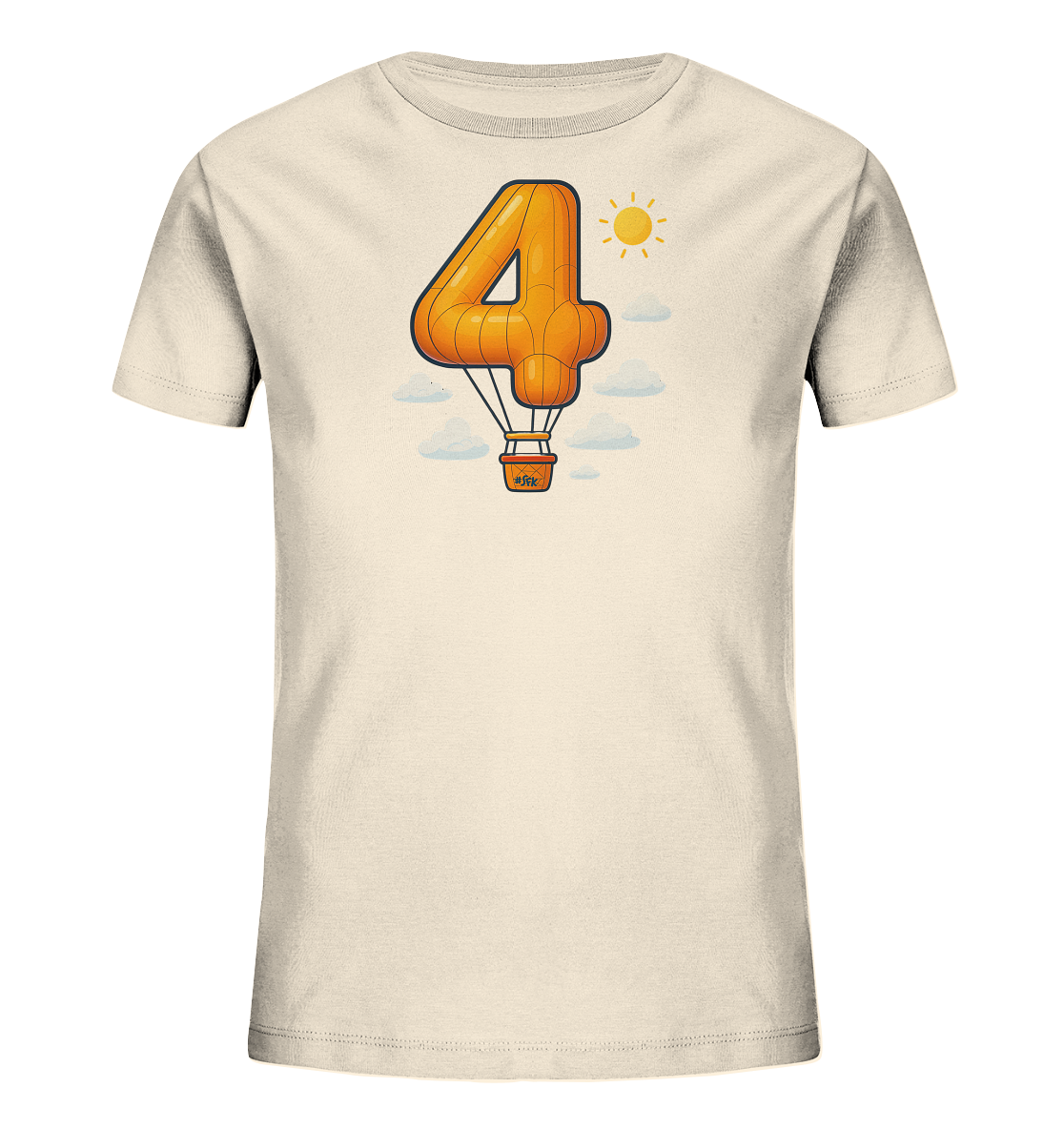 Onlineshop Shirts fuer Kinder - Das Bild zeigt ein helles Kinder-T-Shirt mit einer Grafik eines Heissluftballons. Der Ballon hat die Form der Zahl '4' und schwebt am Himmel zwischen Wolken, begleitet von einer laechelnden Sonne. Das Design ist verspielt und farbenfroh, passend fuer junge Kinder.
