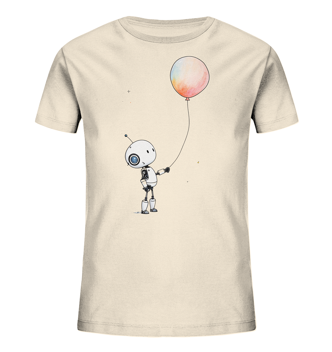 Onlineshop Shirts für Kinder - Das Bild zeigt ein kurzärmeliges T-Shirt in einem hellen Cremeton. Auf der Vorderseite befindet sich eine charmante Illustration eines kleinen, weißen Roboters mit einem großen, blauen Auge und einer Antenne. Der Roboter hält an einer Schnur einen runden Ballon fest, der in sanften, aquarellartigen Tönen von Rosa, Orange und Gelb gefärbt ist. Das Design ist minimalistisch und süß, perfekt für ein Kinder-T-Shirt mit einem Hauch von Fantasie.