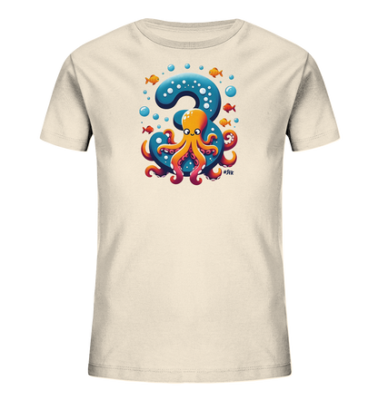 Onlineshop Shirts fuer Kinder - Das Bild zeigt ein helles Kinder-T-Shirt. Es zeigt eine grosse blaue Zahl '3' mit Blasen darum. Ein freundlicher oranger Oktopus umschlingt die Zahl. Mehrere kleine orangefarbene Fische schwimmen im Design.