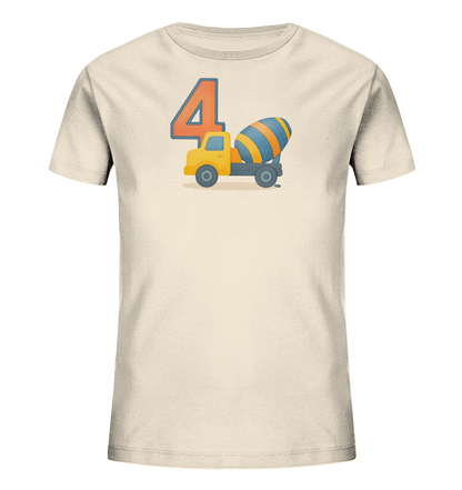 Onlineshop Shirts fuer Kinder - Das Bild zeigt ein cremefarbenes Kinder-T-Shirt. Auf der Vorderseite befindet sich ein bunter Druck: eine grosse, orangefarbene Zahl 4 und ein gelber Spielzeug-Betonmischer mit blau-orange gestreifter Trommel. Das Design ist froehlich und kindgerecht illustriert.