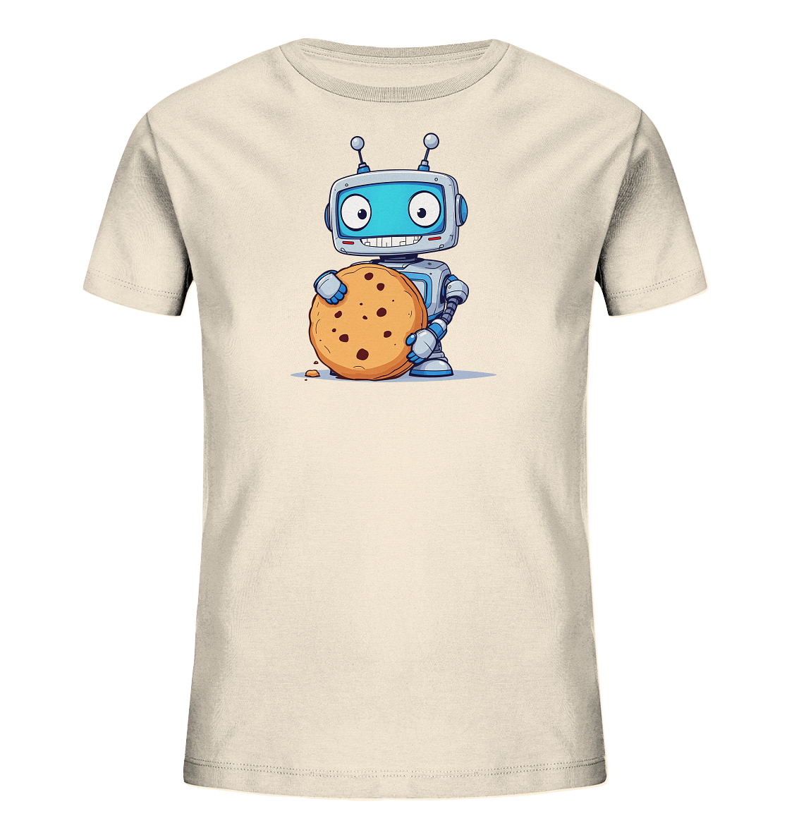 Onlineshop Shirts für Kinder - Das Bild zeigt ein hellbeiges T-Shirt für Kinder mit einem niedlichen Motiv auf der Vorderseite. Das Motiv zeigt einen kleinen, freundlich lächelnden Roboter in blauen und grauen Farbtönen. Der Roboter hält einen großen, runden Schokoladenkeks in seinen Händen. Am Boden liegt ein einzelner Keks-Krümel neben dem Roboter, was dem Bild eine verspielte Note verleiht. Dieses Design ist schlicht und ansprechend, ideal für kleine Robotik- oder Keks-Fans.