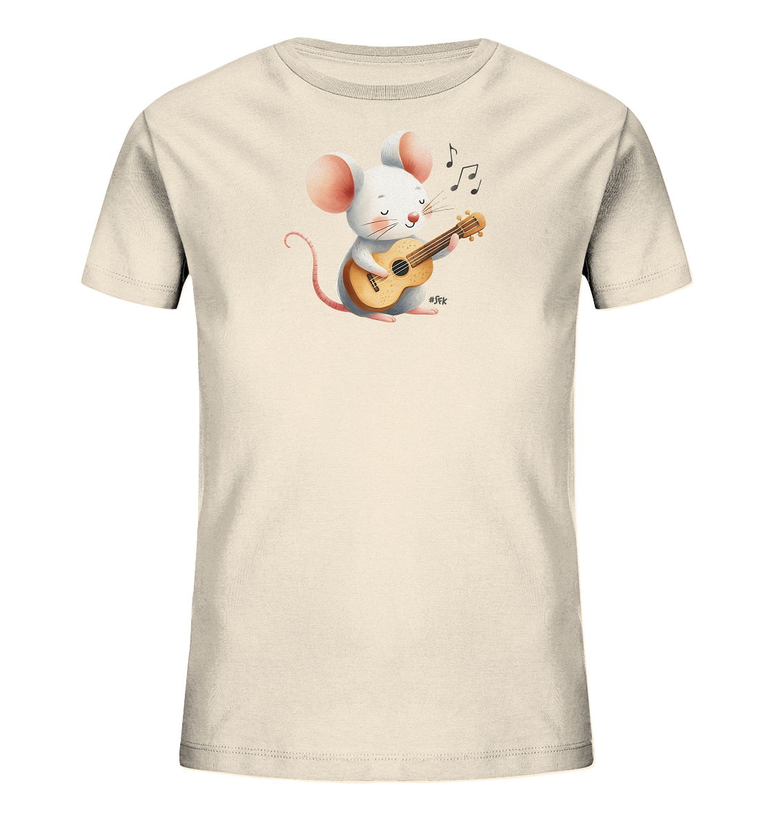 Onlineshop Shirts für Kinder - Das Bild zeigt ein cremefarbenes Kinder-T-Shirt mit einem niedlichen Tiermotiv. Darauf ist eine weiße Cartoon-Maus abgebildet, die eine Ukulele spielt. Über der Maus sind Noten zu sehen, was die musikalische Darstellung unterstreicht. Das Design wirkt freundlich und verspielt.