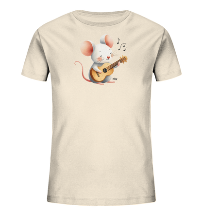 Onlineshop Shirts für Kinder - Das Bild zeigt ein cremefarbenes Kinder-T-Shirt mit einem niedlichen Tiermotiv. Darauf ist eine weiße Cartoon-Maus abgebildet, die eine Ukulele spielt. Über der Maus sind Noten zu sehen, was die musikalische Darstellung unterstreicht. Das Design wirkt freundlich und verspielt.