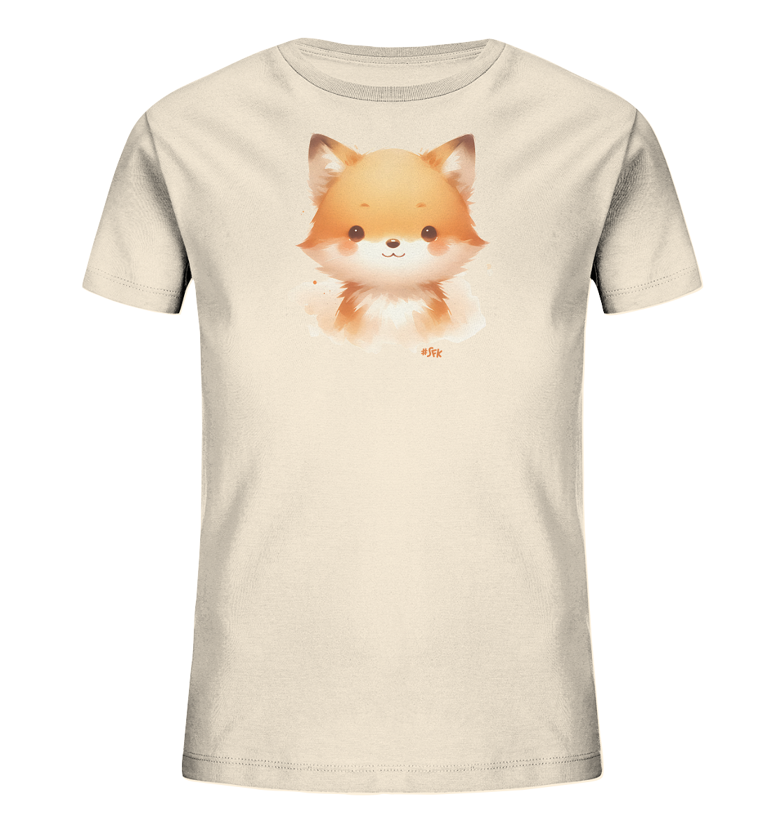Onlineshop Shirts fuer Kinder - Dieses T-Shirt zeigt ein beiges Shirt mit einem niedlichen Fuchsmotiv im Aquarellstil auf der Vorderseite. Die Illustration zeigt den Kopf eines jungen Fuchses mit weichen Farben und freundlichem Ausdruck. Der Fuchs ist in warmen Orange- und Brauntoenen gehalten und von sanften Farbspritzern umgeben. Das Design wirkt verspielt und ansprechend.
