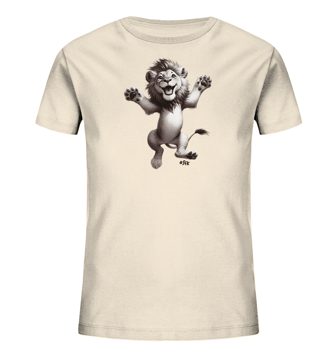 Onlineshop Shirts fuer Kinder - Das Bild zeigt ein helles Kinder-T-Shirt mit einer Illustration eines froehlichen Zeichentrick-Loewen. Der Loewe springt mit ausgestreckten Armen und breitem Laecheln. Das Motiv in Grautoenen verleiht dem Shirt einen verspielten Charakter.