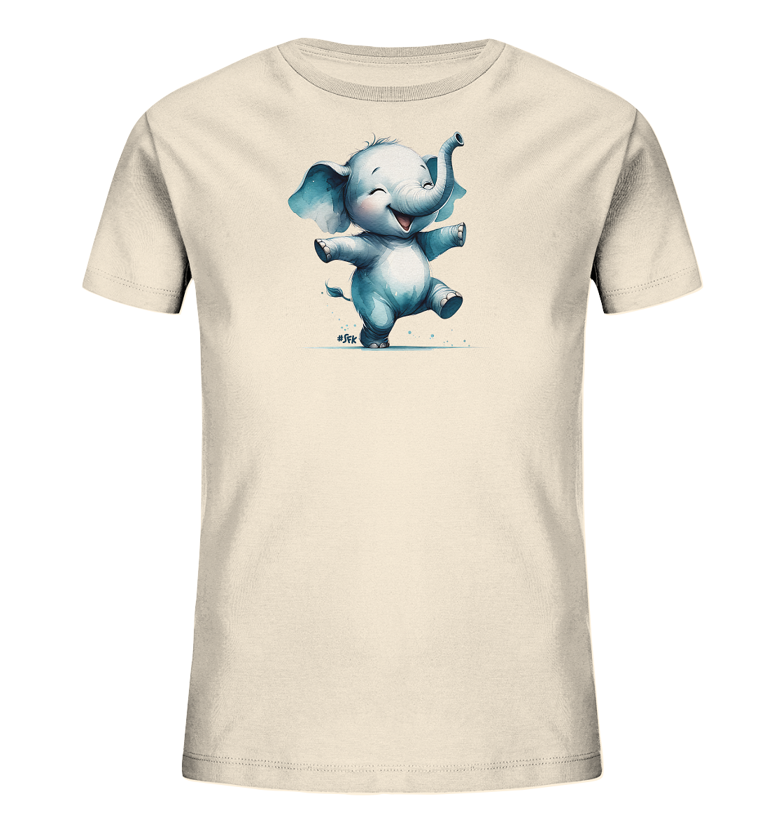 Onlineshop Shirts fuer Kinder - Das Bild zeigt ein helles, cremefarbenes T-Shirt fuer Kinder mit einem froehlichen Elefanten-Motiv auf der Vorderseite. Der Elefant ist in einem cartoonartigen Stil dargestellt, hat eine blaeulich-graue Farbe und scheint zu tanzen oder zu springen, mit erhobenem Ruessel und ausgestreckten Armen. Er laechelt breit mit geschlossenen Augen, und um seine Fuesse sind kleine blaue Akzente wie Spritzer oder Sterne zu sehen. Das Design wirkt sehr verspielt und positiv.