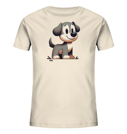 Onlineshop Shirts fuer Kinder - Dieses helle Kinder T-Shirt zeigt eine niedliche Cartoon-Illustration eines Hundes. Der Hund ist grau und weiss dargestellt, sitzt laechelnd aufrecht und hat grosse Ohren. Die Grafik ist mit einfachen Linien fuer Gras oder Untergrund versehen. Das Design wirkt froehlich und ansprechend fuer Kinder.