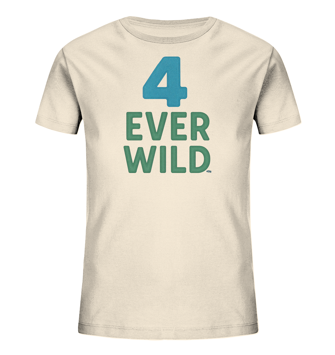 Onlineshop Shirts fuer Kinder - Das Bild zeigt ein hellbeige Kinder T-Shirt. Auf der Vorderseite ist eine grosse blaue Zahl 4 abgebildet. Darunter steht der Text "EVER WILD" in gruener Schrift. Das Design ist schlicht und fokussiert auf die Zahl und den Spruch.