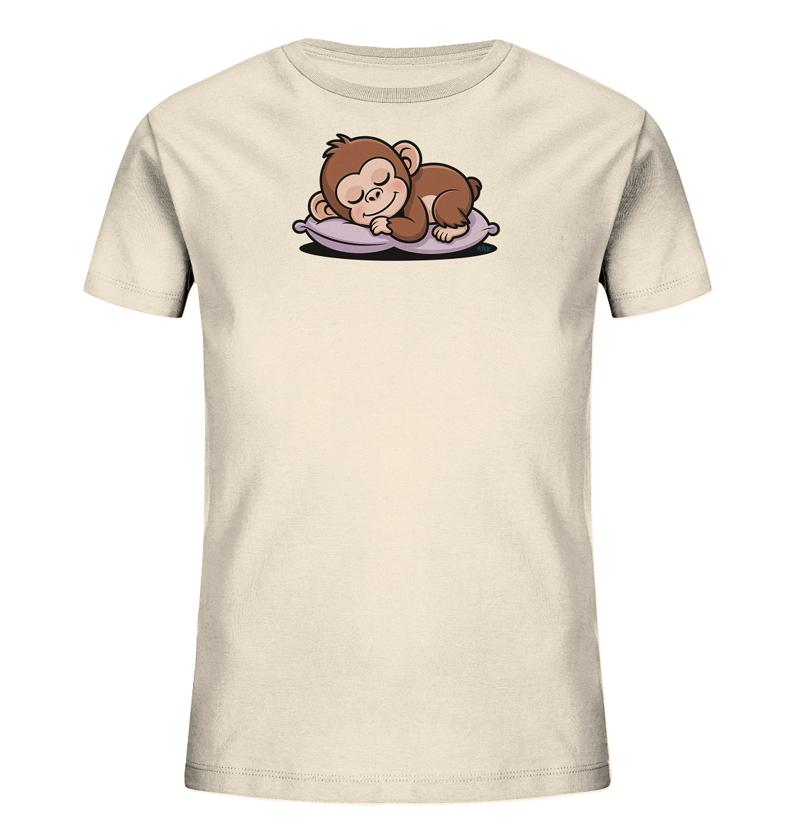Onlineshop Shirts fuer Kinder - Das Bild zeigt ein hellbeiges T-Shirt fuer Kinder. Auf der Vorderseite ist eine niedliche Cartoon-Illustration eines schlafenden Äffchens zu sehen. Das braune Äffchen liegt friedlich auf einem lilafarbenen Kissen, die Augen geschlossen. Dieses Motiv verleiht dem Shirt einen ruhigen und verspielten Charakter.
