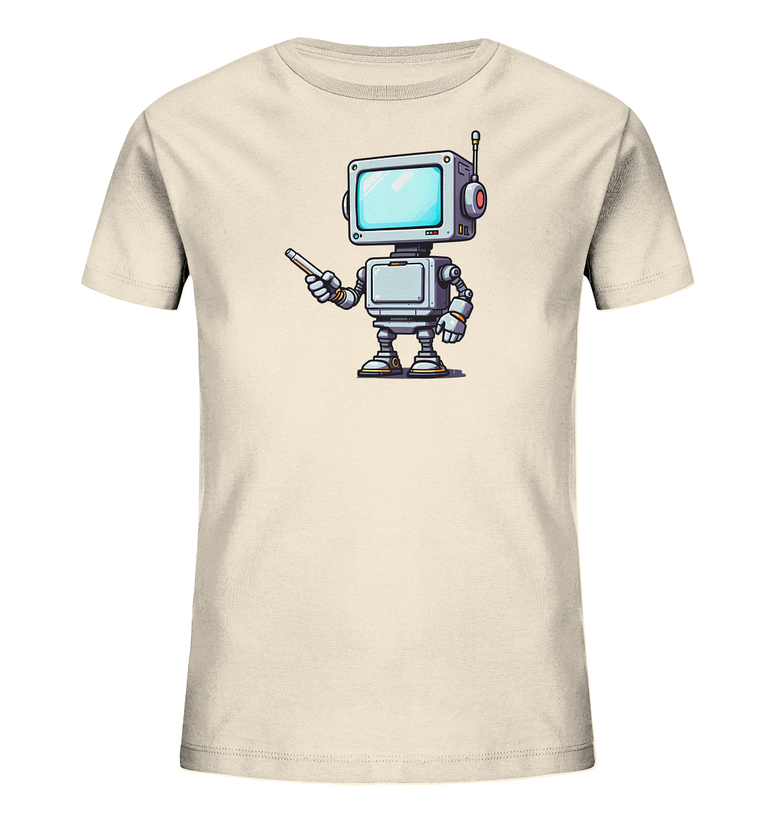 Onlineshop Shirts für Kinder - Das Bild präsentiert ein Kinder-T-Shirt in einem hellen Cremeton. Auf der Vorderseite befindet sich eine detailreiche Illustration eines Roboters im Comic-Stil. Der Roboter ist in Grau- und Blautönen gehalten, besitzt einen quadratischen Bildschirmkopf mit leuchtend blauem Display und eine Antenne. Er steht aufrecht und hält einen länglichen Zeigestab nach vorne, was ihm ein aktives Aussehen verleiht.