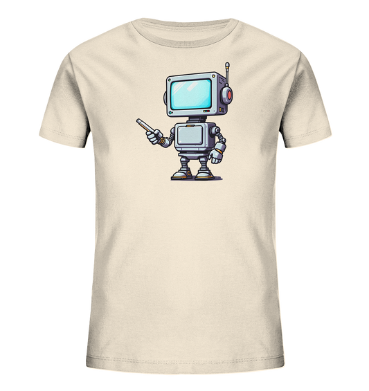 Onlineshop Shirts für Kinder - Das Bild präsentiert ein Kinder-T-Shirt in einem hellen Cremeton. Auf der Vorderseite befindet sich eine detailreiche Illustration eines Roboters im Comic-Stil. Der Roboter ist in Grau- und Blautönen gehalten, besitzt einen quadratischen Bildschirmkopf mit leuchtend blauem Display und eine Antenne. Er steht aufrecht und hält einen länglichen Zeigestab nach vorne, was ihm ein aktives Aussehen verleiht.