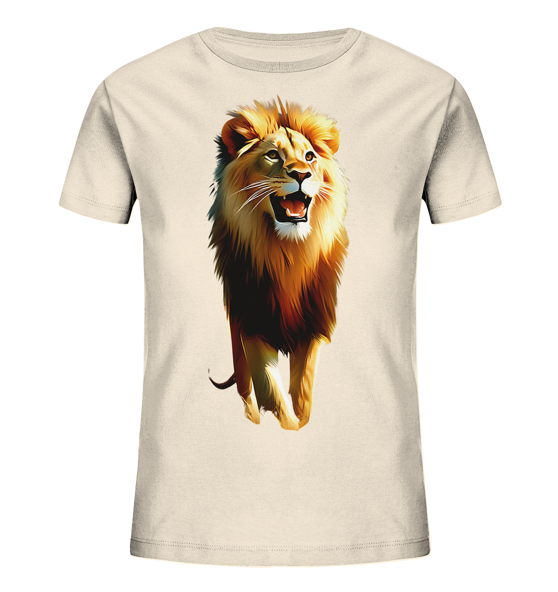 Onlineshop Shirts fuer Kinder - Das Bild zeigt ein hellbeiges T-Shirt fuer Kinder. Auf der Vorderseite ist eine ausdrucksstarke Illustration eines Loewen zu sehen. Der Loewe ist in voller Pracht von vorne abgebildet, mit geoeffnetem Maul und beeindruckender Maehne. Das Motiv ist detailreich und in warmen Farben gestaltet.