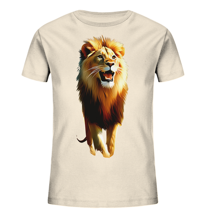 Onlineshop Shirts fuer Kinder - Das Bild zeigt ein hellbeiges T-Shirt fuer Kinder. Auf der Vorderseite ist eine ausdrucksstarke Illustration eines Loewen zu sehen. Der Loewe ist in voller Pracht von vorne abgebildet, mit geoeffnetem Maul und beeindruckender Maehne. Das Motiv ist detailreich und in warmen Farben gestaltet.