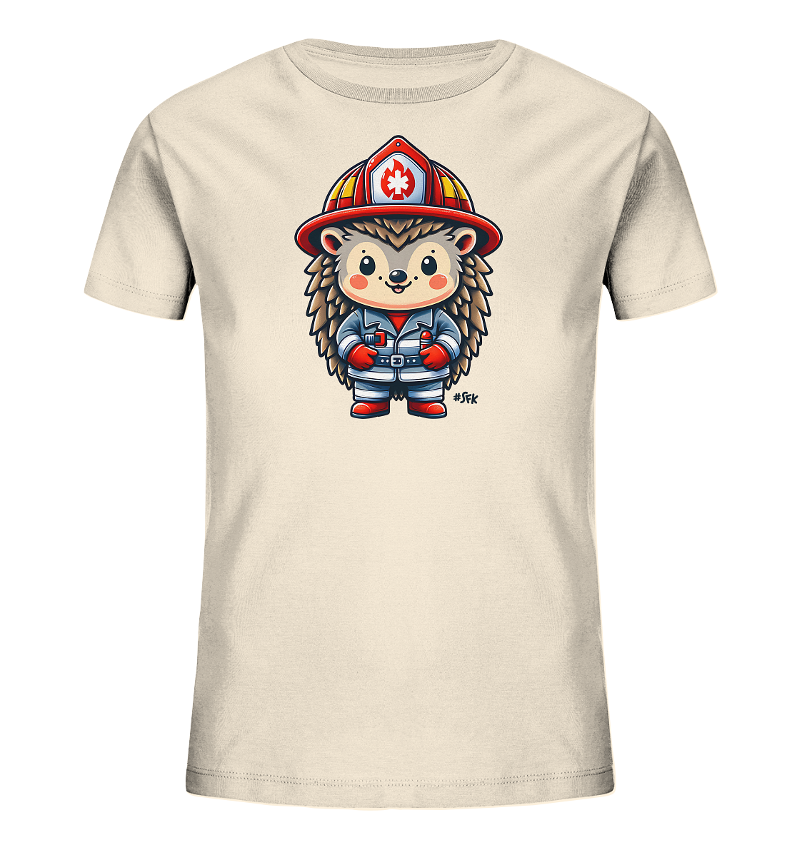 Onlineshop Shirts fuer Kinder - Dieses T-Shirt fuer Kinder zeigt eine entzueckende Illustration eines Igels in einer Feuerwehruniform. Der Igel traegt einen Helm, eine Uniform in Grau und Weiss sowie rote Handschuhe und Stiefel. Das Design ist froehlich und detailliert, perfekt fuer kleine Feuerwehrfans.