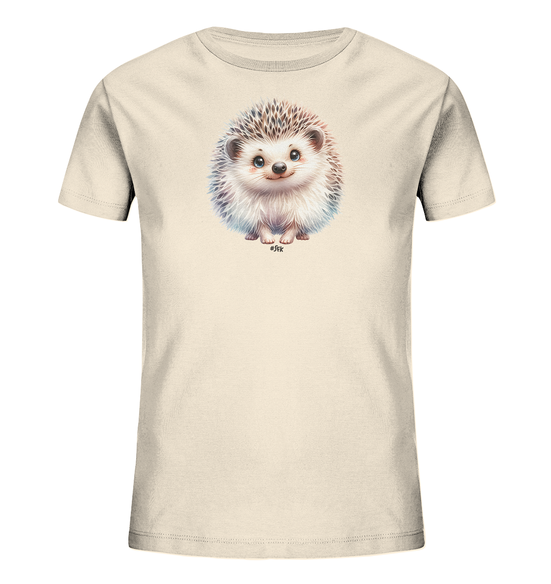 Onlineshop Shirts fuer Kinder - Das Bild zeigt ein hellbeiges Kinder-T-Shirt mit einem suessen Motiv in der Mitte. Abgebildet ist ein flauschiger Igel mit grossen blauen Augen und einem freundlichen Laecheln. Die Stacheln des Igels zeigen verschiedene Farbnuancen von Braun bis Hellblau. Das verspielte Design macht das Shirt zu einem Blickfang.