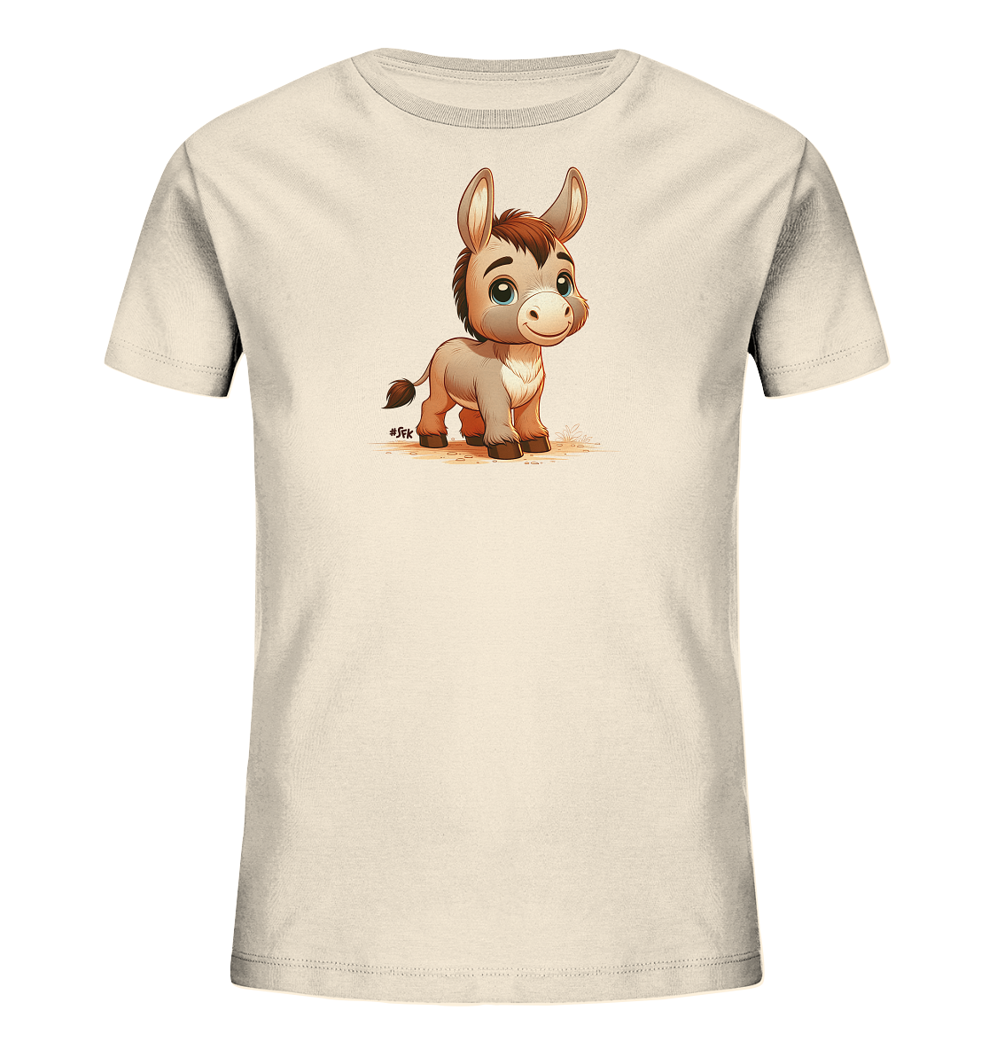 Onlineshop Shirts fuer Kinder - Dieses cremefarbene Kinder T-Shirt zeigt ein liebenswertes Motiv eines Cartoon-Esels auf der Vorderseite. Der Esel steht aufrecht, hat grosse blaue Augen und ein freundliches Laecheln. Seine Maehne und sein Schwanz sind braun, was einen schoenen Kontrast zum Fell bildet. Das detailreiche Design verleiht dem Shirt einen verspielten Look.