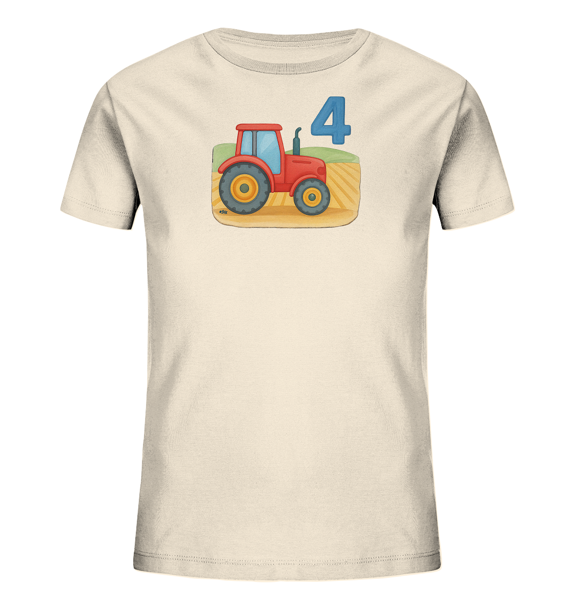 Onlineshop Shirts fuer Kinder - Das Bild zeigt ein cremefarbenes T-Shirt fuer Kinder. Darauf ist eine Illustration eines roten Traktors auf einem Feld abgebildet. Neben dem Traktor steht die blaue Zahl 4. Das Design wirkt farbenfroh und kindgerecht.