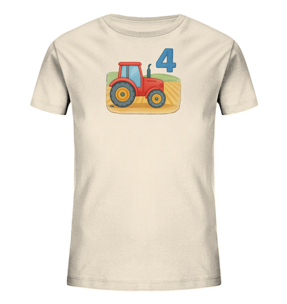 Onlineshop Shirts fuer Kinder - Das Bild zeigt ein cremefarbenes T-Shirt fuer Kinder. Darauf ist eine Illustration eines roten Traktors auf einem Feld abgebildet. Neben dem Traktor steht die blaue Zahl 4. Das Design wirkt farbenfroh und kindgerecht.