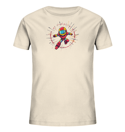 Onlineshop Shirts für Kinder - Das Bild zeigt ein hellbeige oder cremefarbenes Kinder-T-Shirt. Auf der Vorderseite ist eine farbige Grafik eines kleinen, cartoonhaften Charakters in einem roten Anzug mit gelbem Helm und Visier abgebildet. Die Figur befindet sich in einer dynamischen Sprung- oder Flugpose in der Mitte eines kreisförmigen Designs mit radialen Linien, die Energie darstellen. Das Design wirkt modern und spielerisch und ist ideal für junge Fans von Superhelden oder Science-Fiction.
