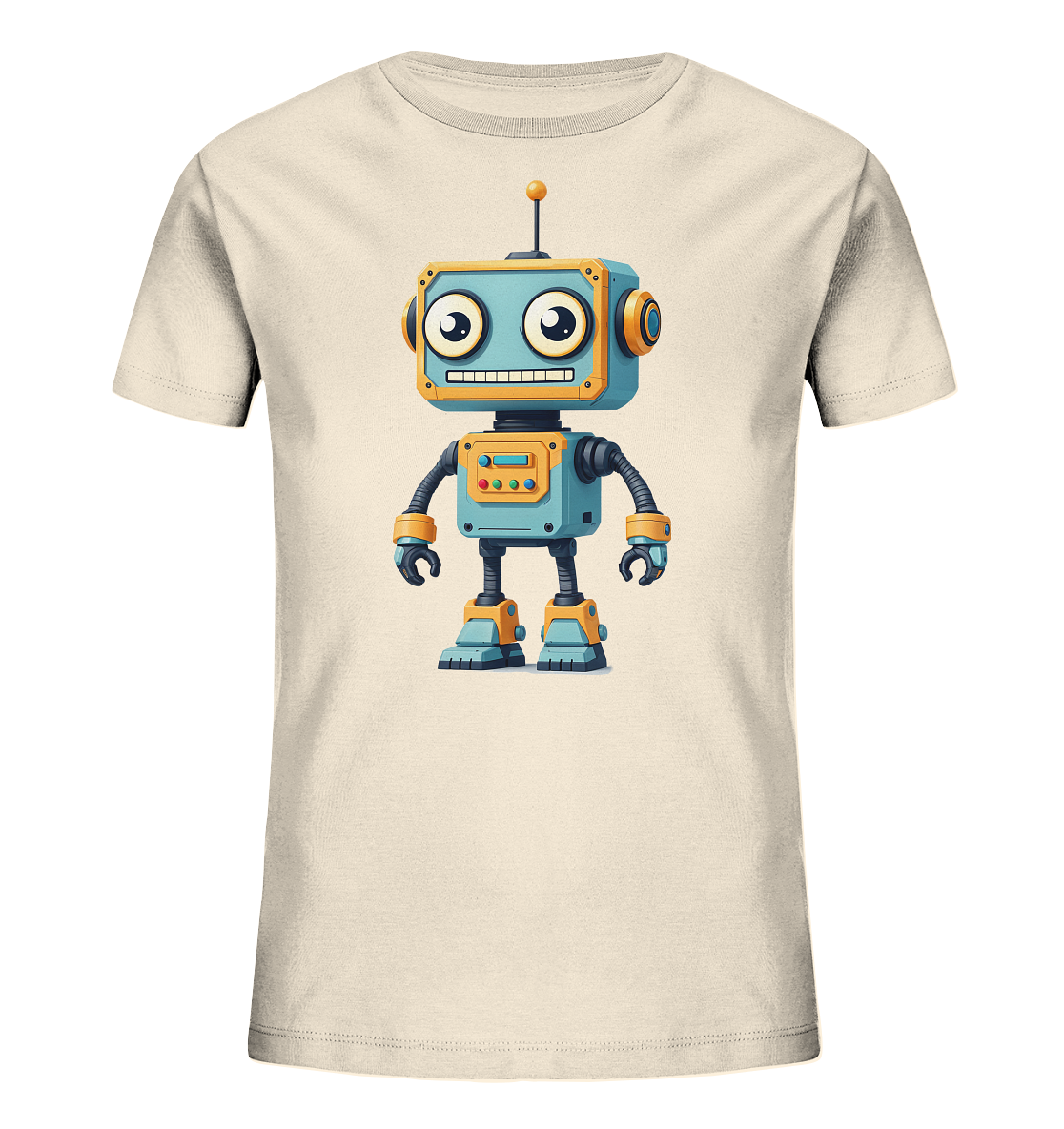 Onlineshop Shirts für Kinder - Das Bild zeigt ein helles T-Shirt für Kinder. Auf der Vorderseite ist eine farbige Illustration eines freundlich aussehenden Roboters abgebildet. Der Roboter ist überwiegend blau mit leuchtend orangen Akzenten an Kopf, Gelenken, Händen und Füßen. Er hat große, runde Augen, ein breites Lächeln und eine Antenne auf dem Kopf, sowie ein Bedienfeld auf der Brust. Das cartoonhafte Design verleiht dem Shirt einen verspielten Charakter.