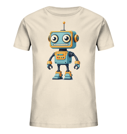 Onlineshop Shirts für Kinder - Das Bild zeigt ein helles T-Shirt für Kinder. Auf der Vorderseite ist eine farbige Illustration eines freundlich aussehenden Roboters abgebildet. Der Roboter ist überwiegend blau mit leuchtend orangen Akzenten an Kopf, Gelenken, Händen und Füßen. Er hat große, runde Augen, ein breites Lächeln und eine Antenne auf dem Kopf, sowie ein Bedienfeld auf der Brust. Das cartoonhafte Design verleiht dem Shirt einen verspielten Charakter.