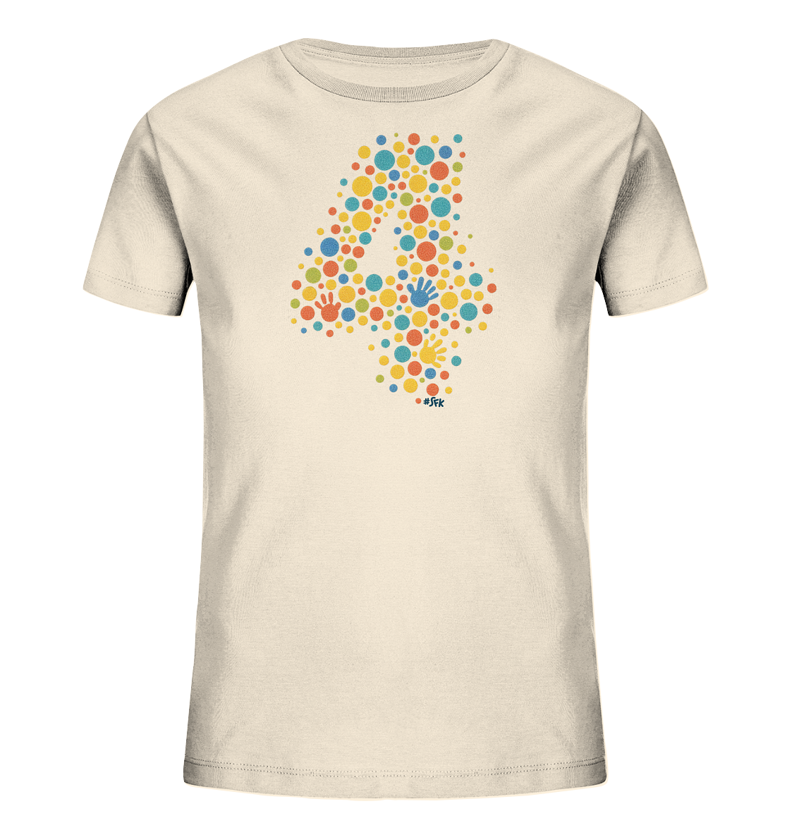 Onlineshop Shirts fuer Kinder - Das Bild zeigt ein cremefarbenes T-Shirt fuer Kinder. Auf der Vorderseite ist die Zahl "4" als grosses, farbenfrohes Motiv dargestellt. Die "4" setzt sich aus vielen kleinen Punkten und stilisierten Handabdruecken in verschiedenen leuchtenden Farben wie Blau, Gelb, Orange und Gruen zusammen. Das Design wirkt froehlich und verspielt.