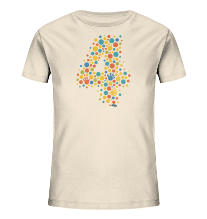 Onlineshop Shirts fuer Kinder - Das Bild zeigt ein cremefarbenes T-Shirt fuer Kinder. Auf der Vorderseite ist die Zahl "4" als grosses, farbenfrohes Motiv dargestellt. Die "4" setzt sich aus vielen kleinen Punkten und stilisierten Handabdruecken in verschiedenen leuchtenden Farben wie Blau, Gelb, Orange und Gruen zusammen. Das Design wirkt froehlich und verspielt.