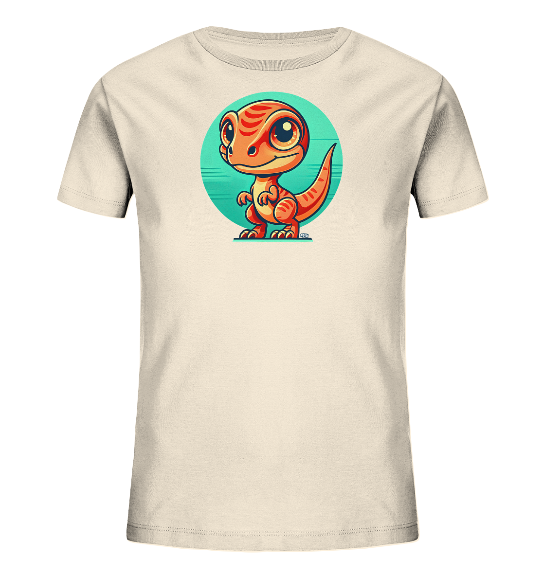 Onlineshop Shirts fuer Kinder - Das Bild zeigt ein hellbeiges Kinder-T-Shirt mit einem niedlichen, cartoonhaften orangefarbenen Dinosaurier auf der Vorderseite. Der kleine Dinosaurier hat grosse Augen und steht aufrecht in einem tuerkisfarbenen Kreis. Das Design wirkt froehlich und farbenfroh, ideal fuer Kinder.