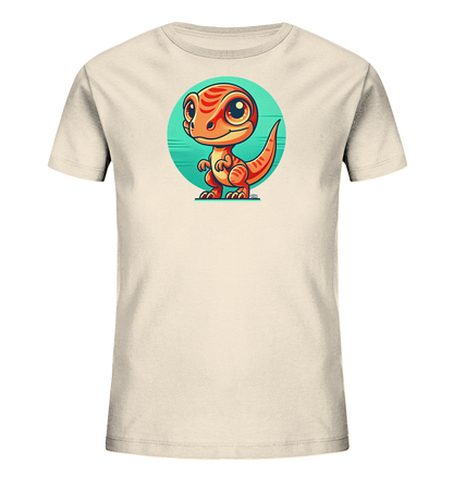 Onlineshop Shirts fuer Kinder - Das Bild zeigt ein hellbeiges Kinder-T-Shirt mit einem niedlichen, cartoonhaften orangefarbenen Dinosaurier auf der Vorderseite. Der kleine Dinosaurier hat grosse Augen und steht aufrecht in einem tuerkisfarbenen Kreis. Das Design wirkt froehlich und farbenfroh, ideal fuer Kinder.