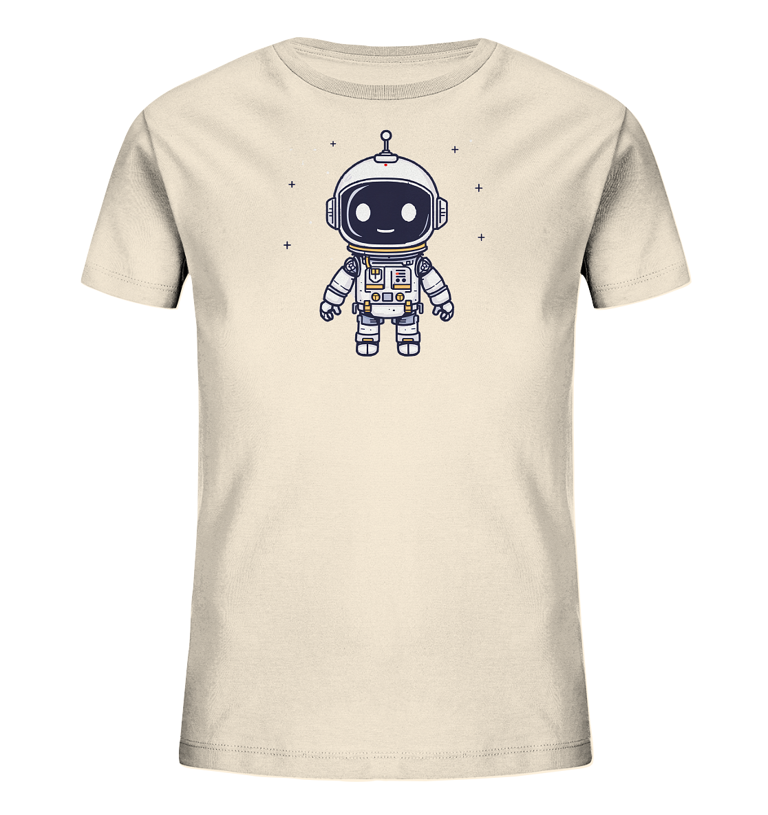 Onlineshop Shirts für Kinder - Das Bild zeigt ein hellbeiges Kinder T-Shirt mit einem farbigen Druck auf der Vorderseite. Der Druck stellt eine niedliche, cartoonhafte Figur in einem Astronautenanzug dar. Die Figur hat einen großen Helm, einen lächelnden Ausdruck und detaillierte Elemente auf dem Anzug, wie Knöpfe und Schläuche. Um die Figur herum sind kleine weiße Kreuze und Punkte verteilt, die Sterne symbolisieren.