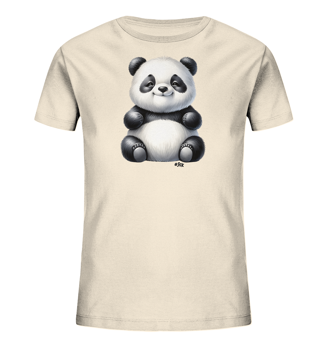 Onlineshop Shirts fuer Kinder - Das Bild zeigt ein beigefarbenes T-Shirt fuer Kinder. Auf der Vorderseite ist eine suesse Illustration eines sitzenden Baby-Pandas zu sehen. Der Panda hat grosse Augen und ein freundliches Laecheln. Das Design wirkt verspielt und ansprechend.