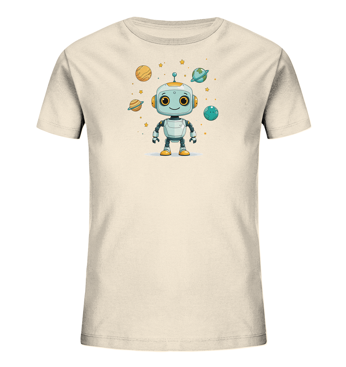Onlineshop Shirts für Kinder - Das Bild zeigt ein hellbeige-farbenes Kinder-T-Shirt. Auf der Vorderseite ist eine niedliche, cartoonhafte Illustration eines Roboters im Weltraum zu sehen. Der Roboter hat große, freundliche Augen und steht aufrecht, umgeben von verschiedenen Planeten in unterschiedlichen Größen und Farben. Kleine gelbe Sterne sind ebenfalls im Hintergrund verteilt, was dem Design eine spielerische und galaktische Atmosphäre verleiht.