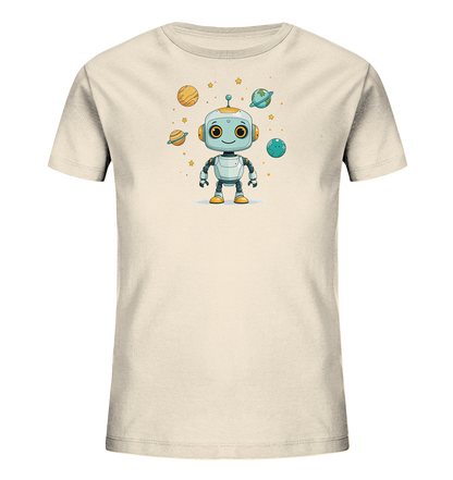 Onlineshop Shirts für Kinder - Das Bild zeigt ein hellbeige-farbenes Kinder-T-Shirt. Auf der Vorderseite ist eine niedliche, cartoonhafte Illustration eines Roboters im Weltraum zu sehen. Der Roboter hat große, freundliche Augen und steht aufrecht, umgeben von verschiedenen Planeten in unterschiedlichen Größen und Farben. Kleine gelbe Sterne sind ebenfalls im Hintergrund verteilt, was dem Design eine spielerische und galaktische Atmosphäre verleiht.