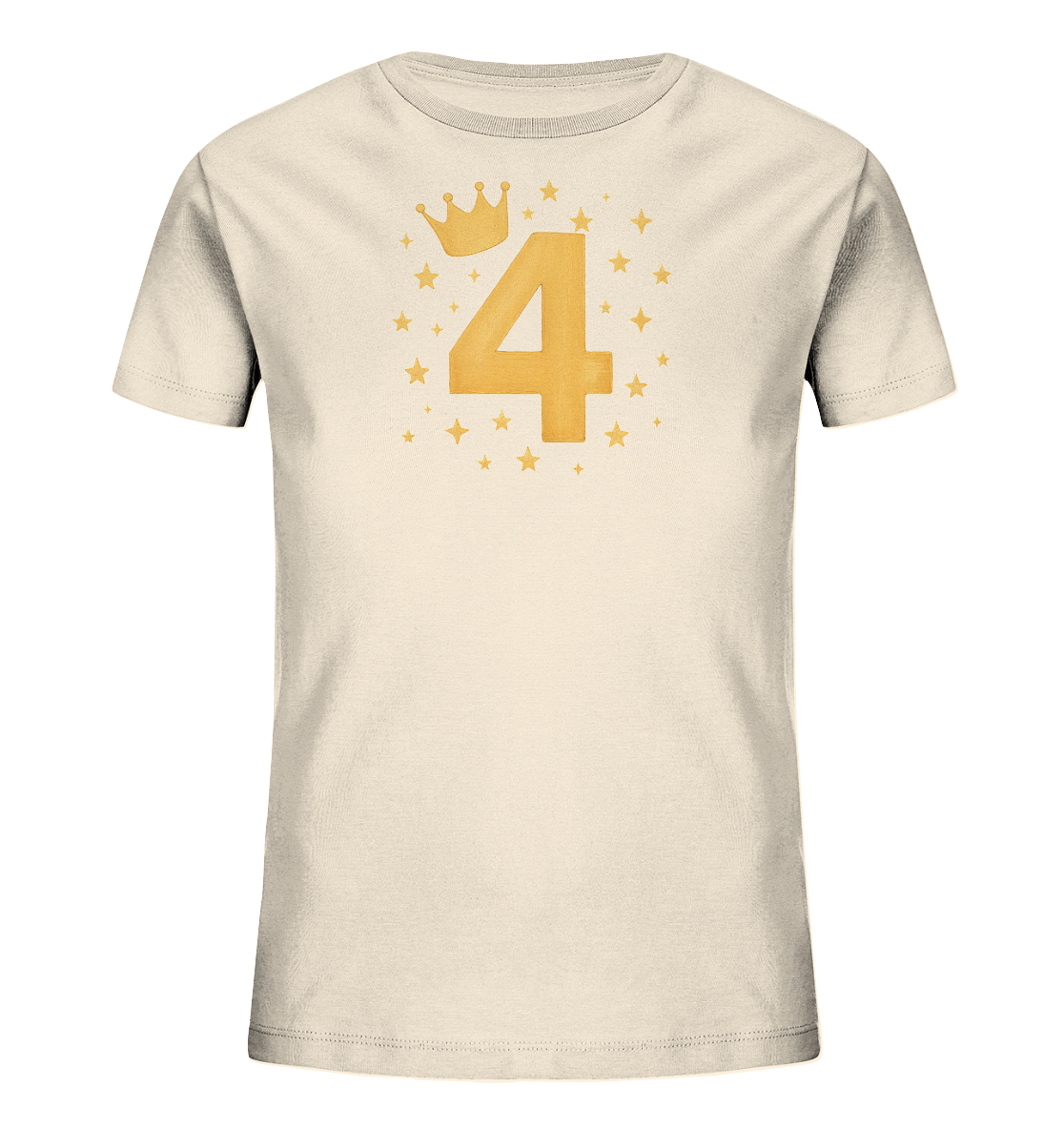 Onlineshop Shirts fuer Kinder - Das Bild zeigt ein cremefarbenes Kinder T-Shirt mit einem festlichen Motiv auf der Vorderseite. Eine grosse goldene Zahl 4 ist zentral platziert, gekroent von einer kleinen Krone im gleichen Farbton. Goldene Sterne und kleine Pluszeichen sind dekorativ um die Zahl herum angeordnet. Das Design ist schlicht und feierlich gestaltet.