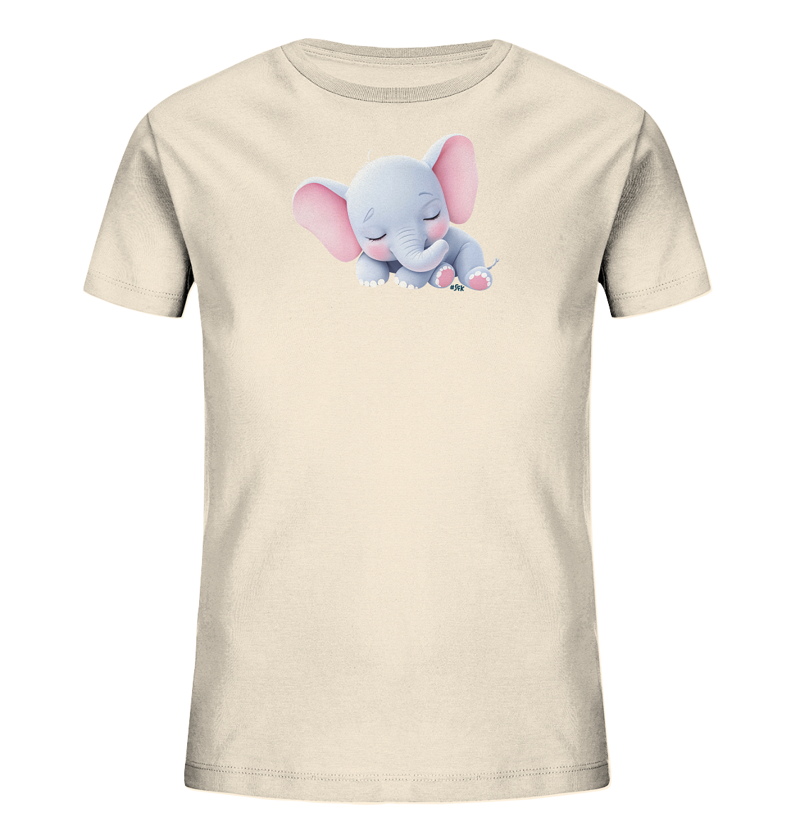 Onlineshop Shirts fuer Kinder - Das Bild zeigt ein cremefarbenes Kinder-T-Shirt mit einem niedlichen Elefantenmotiv auf der Vorderseite. Der kleine Elefant ist in sanften Blaugrau- und Rosatoenen gehalten. Er liegt friedlich mit geschlossenen Augen da, was einen beruhigenden und liebevollen Ausdruck vermittelt. Das Design ist verspielt und ideal fuer ein Kinderoutfit.