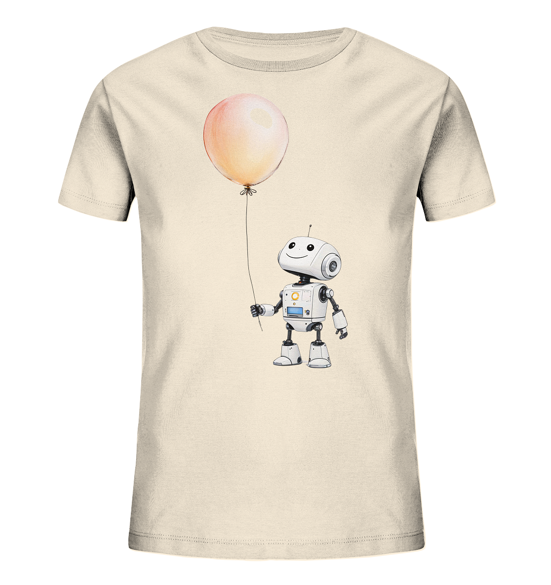 Onlineshop Shirts für Kinder - Das Bild zeigt ein beiges T-Shirt für Kinder mit einem Aufdruck auf der Vorderseite. Der Aufdruck stellt einen freundlich lächelnden, weißen Roboter dar, der einen großen, hell-orangefarbenen Ballon an einer Schnur festhält. Der Roboter hat ein rundes Gesicht, eine Antenne und detaillierte Arme und Beine. Das gesamte Motiv ist im Illustrationsstil gehalten und wirkt fröhlich und kindgerecht, platziert zentral auf der Vorderseite des Shirts.
