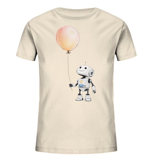 Onlineshop Shirts für Kinder - Das Bild zeigt ein beiges T-Shirt für Kinder mit einem Aufdruck auf der Vorderseite. Der Aufdruck stellt einen freundlich lächelnden, weißen Roboter dar, der einen großen, hell-orangefarbenen Ballon an einer Schnur festhält. Der Roboter hat ein rundes Gesicht, eine Antenne und detaillierte Arme und Beine. Das gesamte Motiv ist im Illustrationsstil gehalten und wirkt fröhlich und kindgerecht, platziert zentral auf der Vorderseite des Shirts.