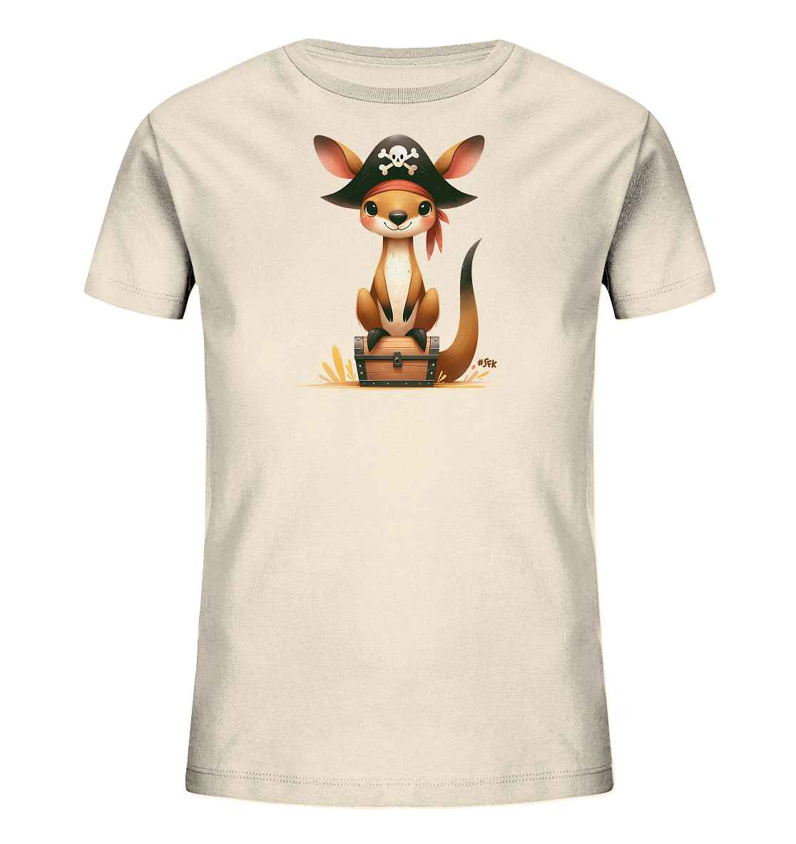 Onlineshop Shirts fuer Kinder - Das Bild zeigt ein helles Kinder-T-Shirt mit einem niedlichen Druck. Ein cartoonhaftes Kaenguru sitzt auf einer Schatzkiste und traegt einen Piratenhut mit Totenkopf sowie ein rotes Kopftuch. Das Design ist verspielt und zeigt das Kaenguru mit grossen Augen und einem freundlichen Ausdruck.
