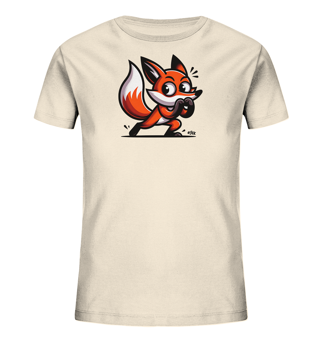 Onlineshop Shirts fuer Kinder - Dieses T-Shirt in hellem Beigeton zeigt eine niedliche Cartoon-Illustration eines Fuchses. Der orangefarbene Fuchs mit grossen Augen und Ohren ist in einer kauernden Position dargestellt. Das Design wirkt verspielt und ausdrucksstark, ideal fuer Kinderkleidung.