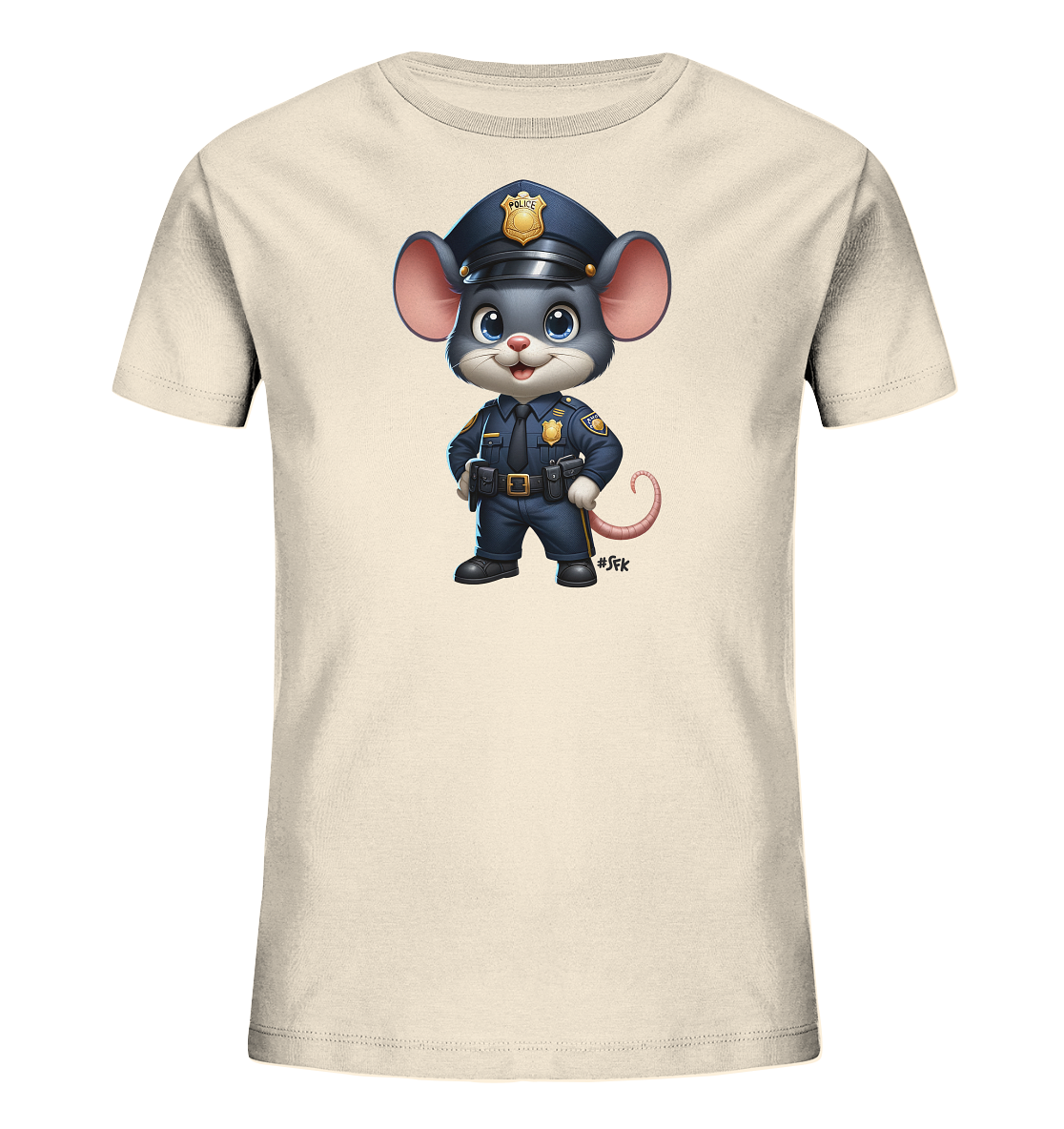 Onlineshop Shirts für Kinder - Das Bild zeigt ein hellbeiges T-Shirt für Kinder mit einem hochwertigen Druck auf der Vorderseite. Der Druck stellt eine detaillierte Cartoon-Illustration einer kleinen Maus dar, die eine komplette blaue Polizeuniform trägt. Die Maus blickt mit großen Augen freundlich nach vorne und steht mit den Händen in den Hüften. Dieses Design verleiht dem Shirt einen verspielten und zugleich thematischen Charakter.
