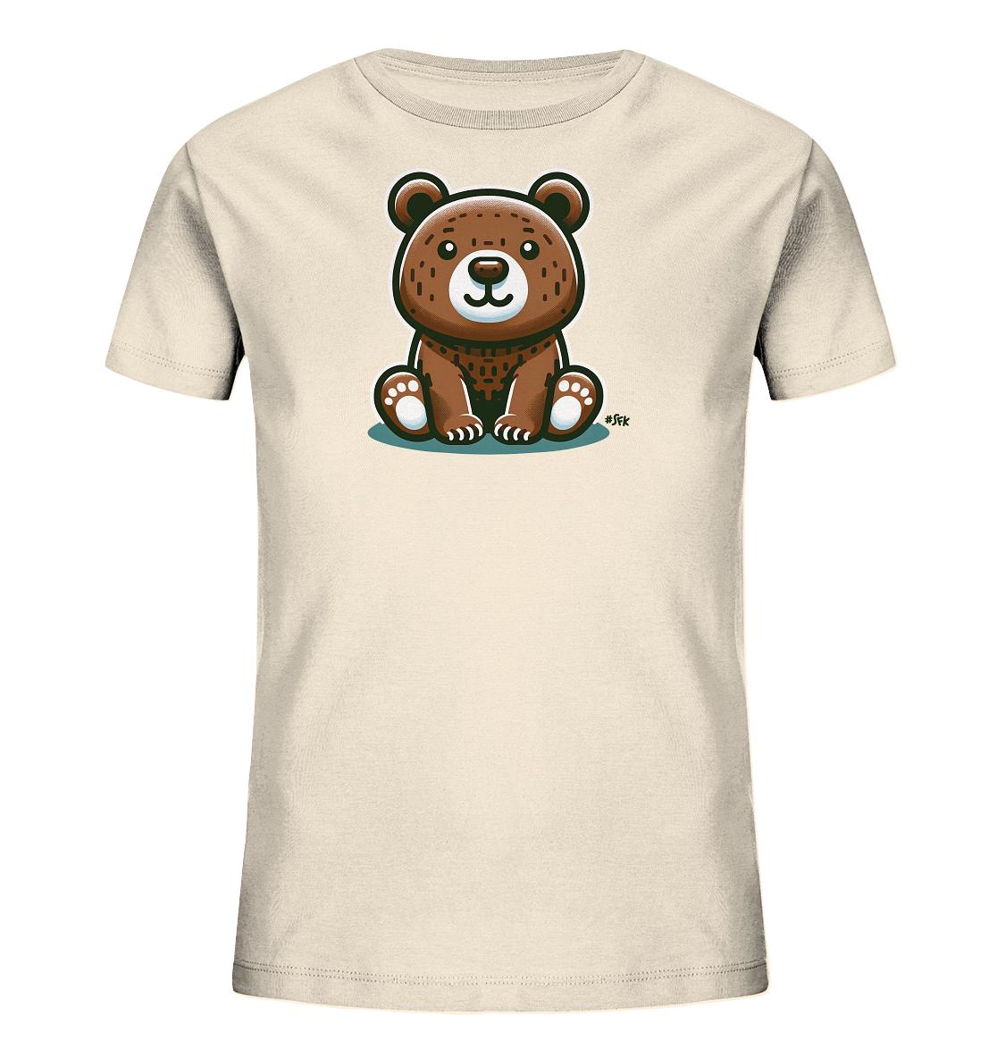 Onlineshop Shirts fuer Kinder - Das Bild zeigt ein cremefarbenes Kinder-T-Shirt. Auf der Vorderseite ist eine niedliche, cartoonhafte Illustration eines sitzenden braunen Baeren zu sehen. Der Baer hat grosse Augen, ein freundliches Gesicht und detailreiche Pfoten. Das Design ist einfach und ansprechend gestaltet.
