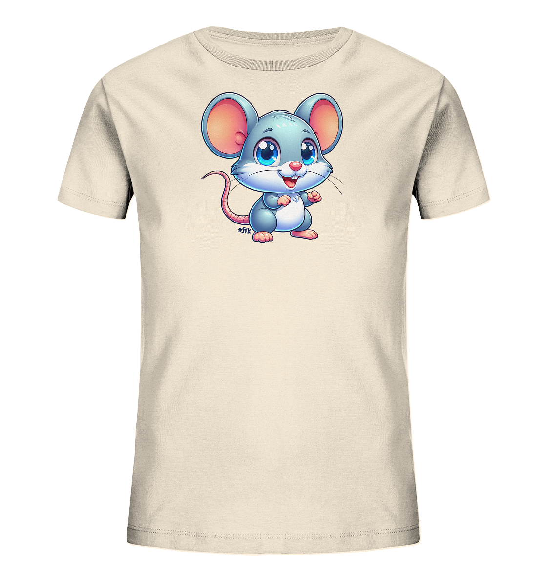 Onlineshop Shirts fuer Kinder - Das Bild zeigt ein helles, cremefarbenes Kinder-T-Shirt mit einem grossen Cartoon-Mausmotiv auf der Vorderseite. Die Maus ist blau-grau mit rosa Details und hat grosse, leuchtend blaue Augen sowie einen froehlichen Ausdruck. Sie steht aufrecht und blickt nach vorne. Das Design wirkt sehr niedlich und kindgerecht.