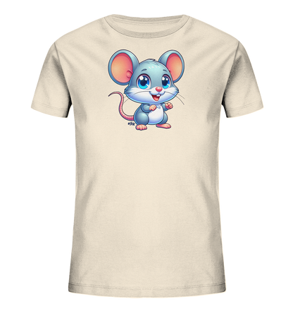 Onlineshop Shirts fuer Kinder - Das Bild zeigt ein helles, cremefarbenes Kinder-T-Shirt mit einem grossen Cartoon-Mausmotiv auf der Vorderseite. Die Maus ist blau-grau mit rosa Details und hat grosse, leuchtend blaue Augen sowie einen froehlichen Ausdruck. Sie steht aufrecht und blickt nach vorne. Das Design wirkt sehr niedlich und kindgerecht.