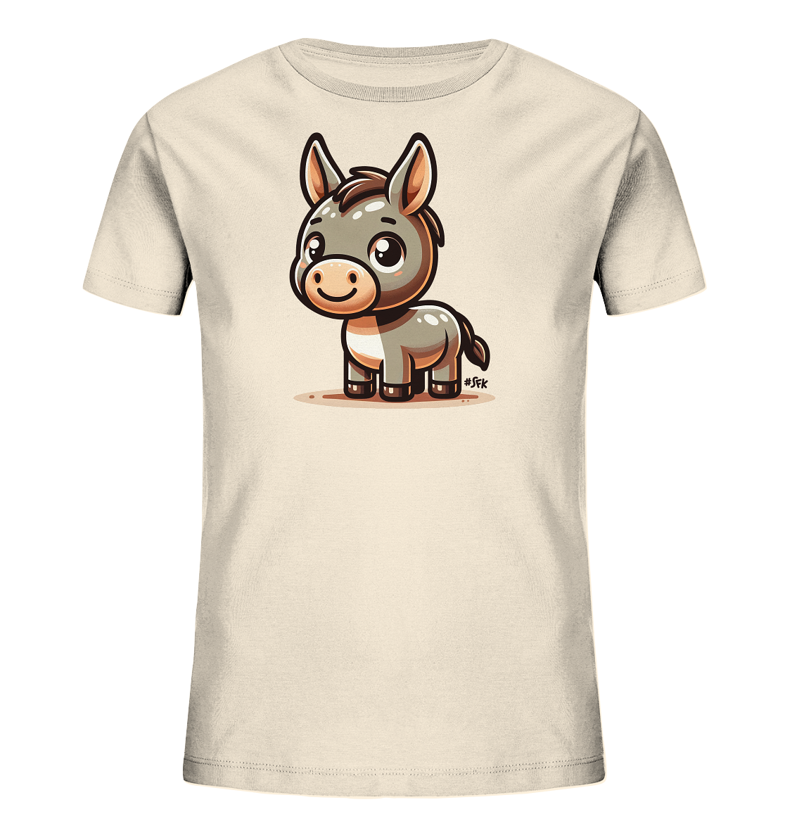 Onlineshop Shirts fuer Kinder - Das Bild zeigt ein helles, cremefarbenes T-Shirt fuer Kinder. Auf der Vorderseite ist eine niedliche Cartoon-Illustration eines kleinen Esels abgebildet. Der Esel hat grosse Augen und ein freundliches Laecheln. Die Grafik ist in sanften Grau- und Brauntoenen gehalten und wirkt verspielt.