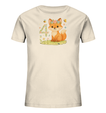 Onlineshop Shirts fuer Kinder - Das Bild zeigt ein cremefarbenes Kinder-T-Shirt mit einem suessen Motiv auf der Vorderseite. Darauf ist ein freundlicher Fuchs abgebildet, der eine Blumenkrone traegt und auf gruenem Gras sitzt. Links neben dem Fuchs steht die Zahl '4', kreativ mit Blaettern und Blumen verziert. Kleine Schmetterlinge, eine Biene und weitere Blumen ergaenzen das froehliche Design.