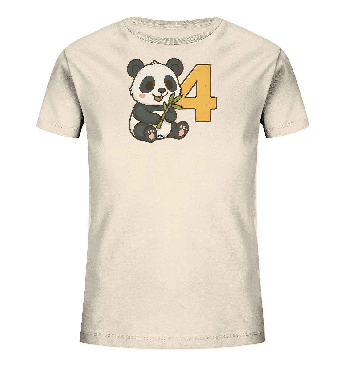 Onlineshop Shirts fuer Kinder - Das Bild zeigt ein cremefarbenes Kinder-T-Shirt mit einem niedlichen Cartoon-Panda-Motiv auf der Vorderseite. Der Panda sitzt und haelt einen Bambuszweig. Neben dem Panda ist eine grosse, orangefarbene Zahl '4' abgebildet. Das Design ist verspielt und freundlich, ideal fuer Kinder.