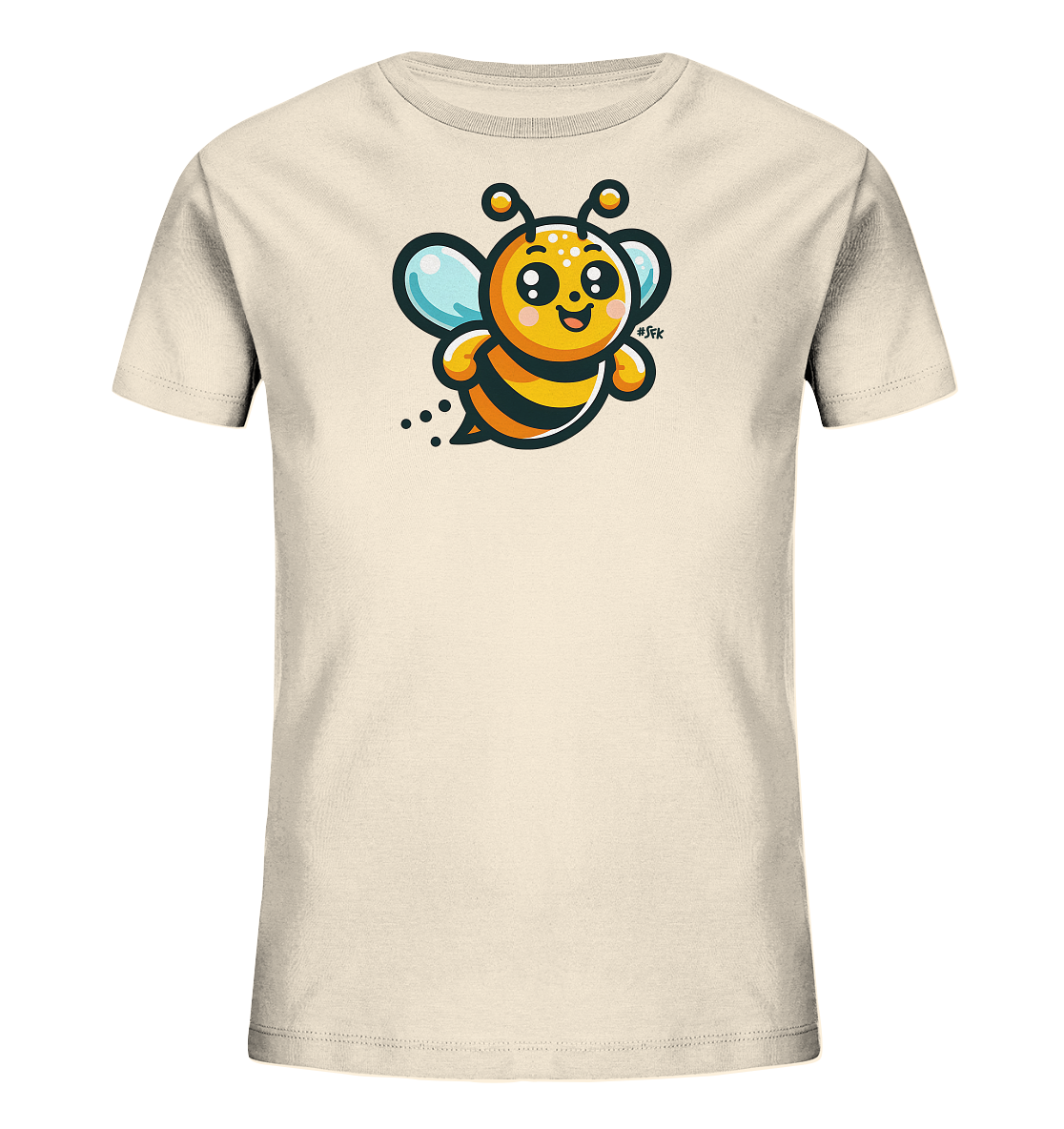 Onlineshop Shirts fuer Kinder - Das Bild zeigt ein cremefarbenes Kinder-T-Shirt mit einem grossen, cartoonhaften Bienenmotiv auf der Vorderseite. Die Biene ist orange und schwarz gestreift mit blauen Fluegeln und hat ein freundliches, lachendes Gesicht. Sie scheint spielerisch zu fliegen, angedeutet durch kleine Punkte hinter ihr. Das Design ist froehlich und farbenfroh gestaltet.