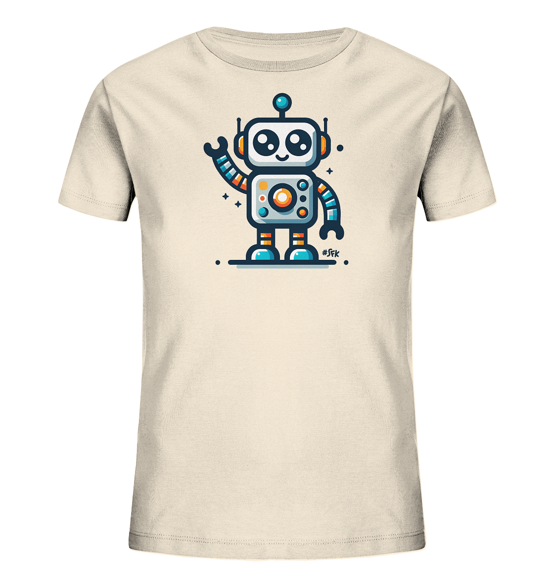 Onlineshop Shirts fuer Kinder - Das Bild zeigt ein hellbeiges T-Shirt fuer Kinder mit einer farbenfrohen Grafik eines freundlichen Roboters. Der Cartoon-Roboter hat grosse Augen, orange und blaue Details sowie gestreifte Arme und winkt froehlich. Kleine Sterne und Punkte umgeben die Figur und verleihen dem Design einen verspielten Charakter. Die Illustration ist klar und ansprechend fuer Kinder gestaltet.