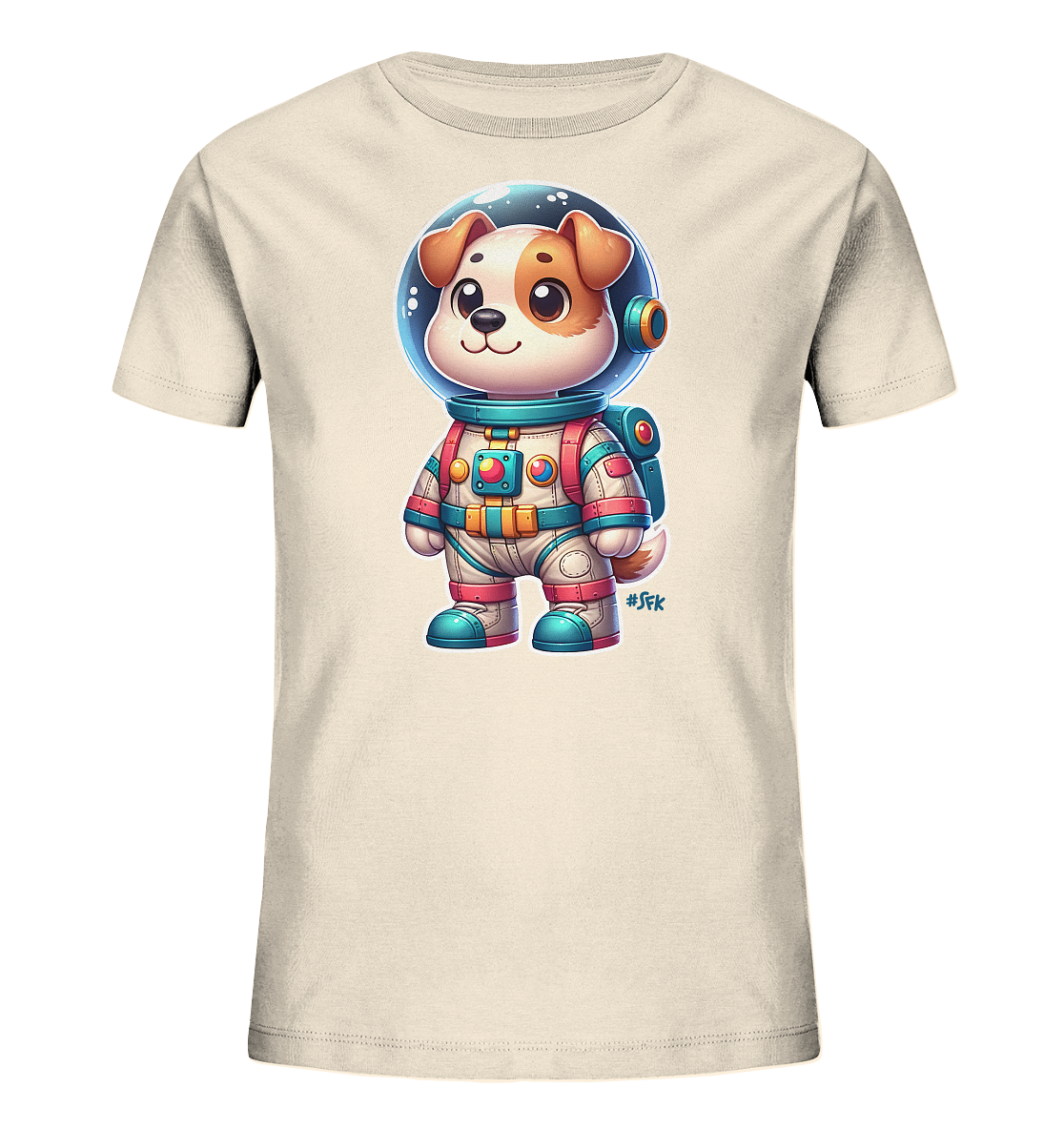 Onlineshop Shirts fuer Kinder - Das Bild zeigt ein hellbeiges T-Shirt mit einem niedlichen, cartoonhaften Hunde-Astronauten. Der kleine Hund traegt einen detaillierten Raumanzug mit Helm und laechelt freundlich. Das farbenfrohe Design mit blauen und roten Akzenten ist ideal fuer kleine Weltraum-Fans.